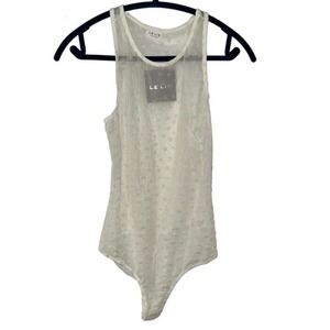 LE LIS OFF WHITE CREAM STAR EMBELLISHED MESH BODYSUIT MEDIUM